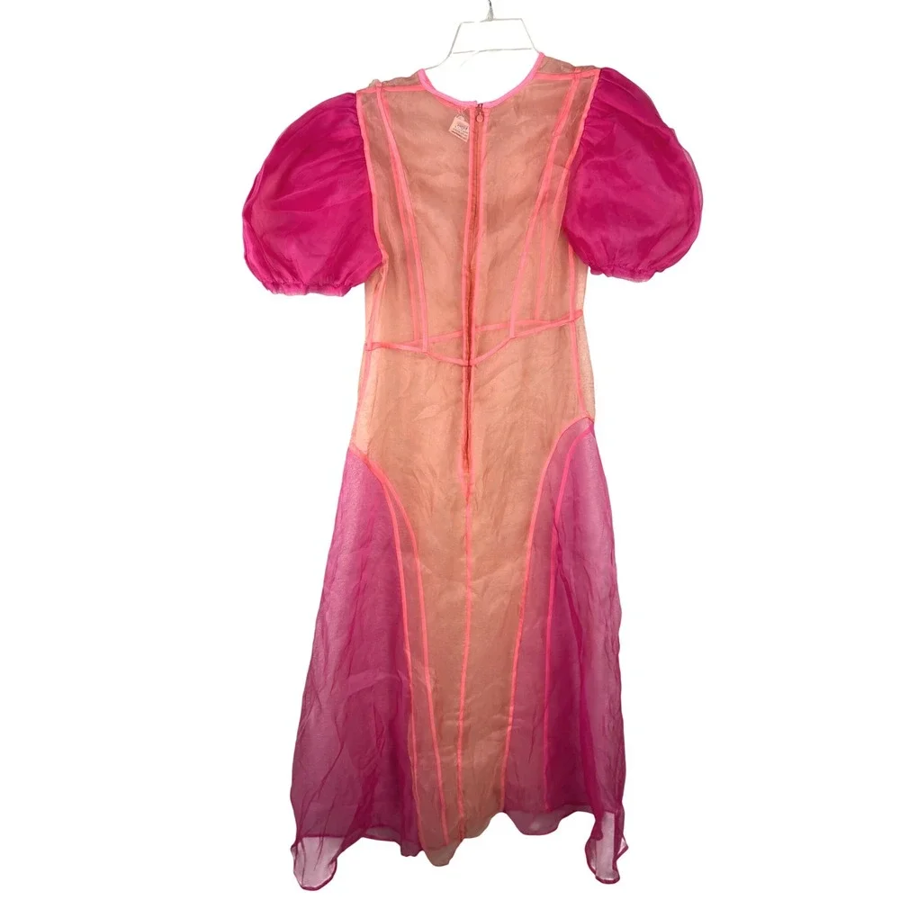 Celia B Nammu Silk Pink Peach Organza Colorblock Puff Sleeve Sheer Midi Dress